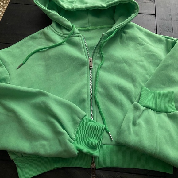 Solid Round Neck Long Sleeved Hooded Zipper Cardigan Sweater - Picture 2 of 6